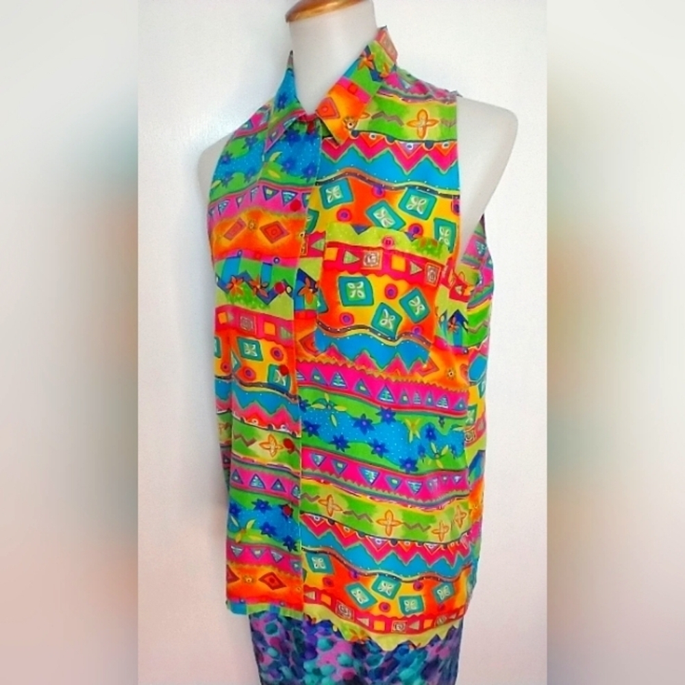 Oscar de la Renta Sleepwear Bright Multicolor Sleeveless Collared Blouse